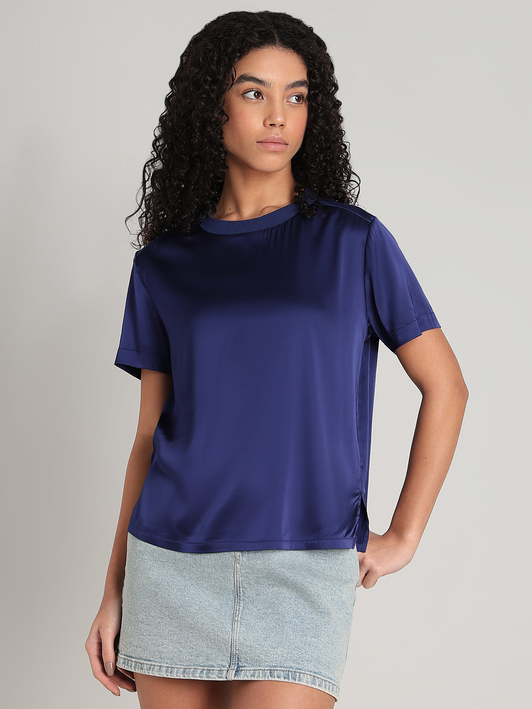 Blue Satin Crew-Neck Top