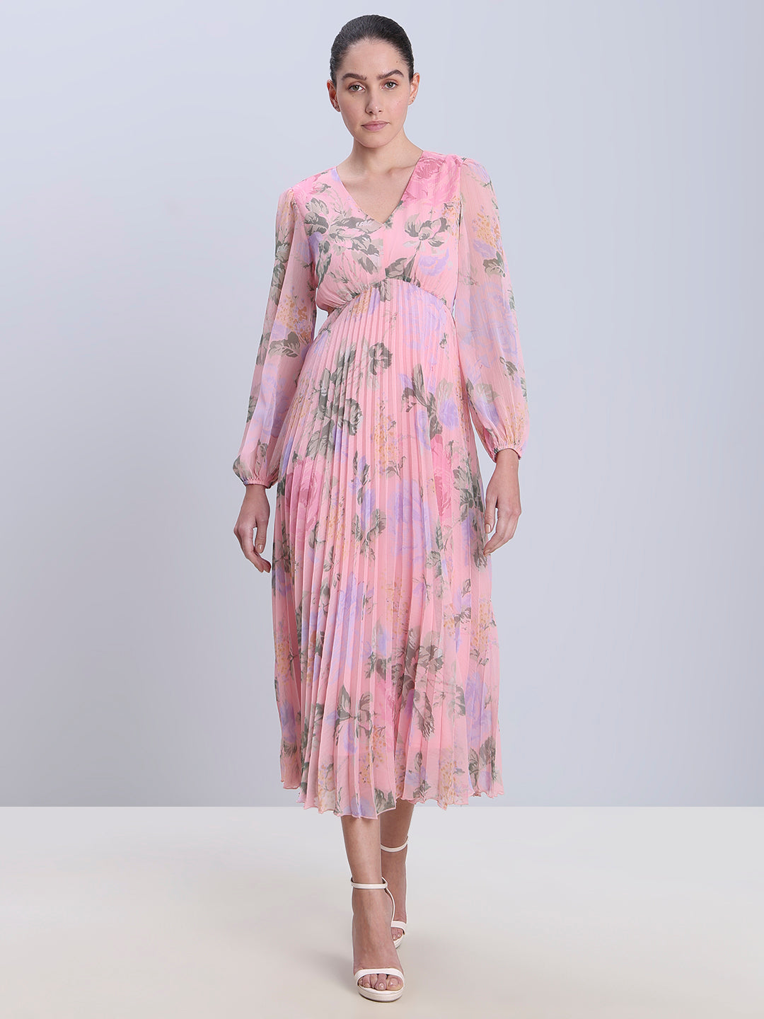 Pink Floral Pleated Dress