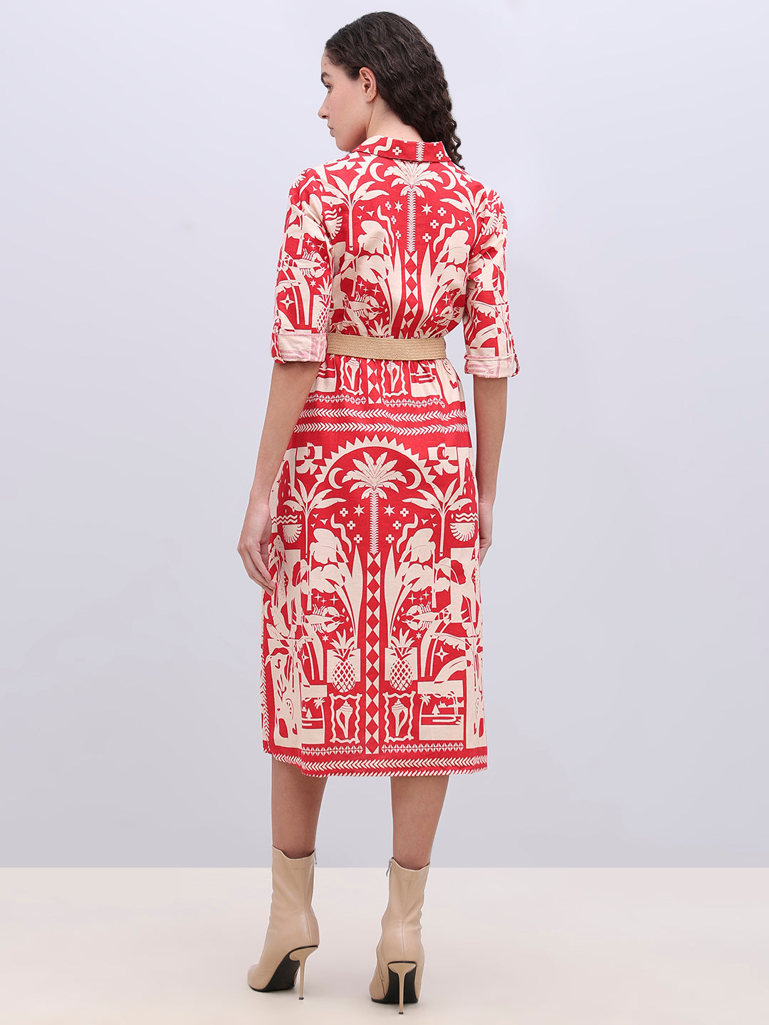 Ecru Printed Belted Shirt Dress