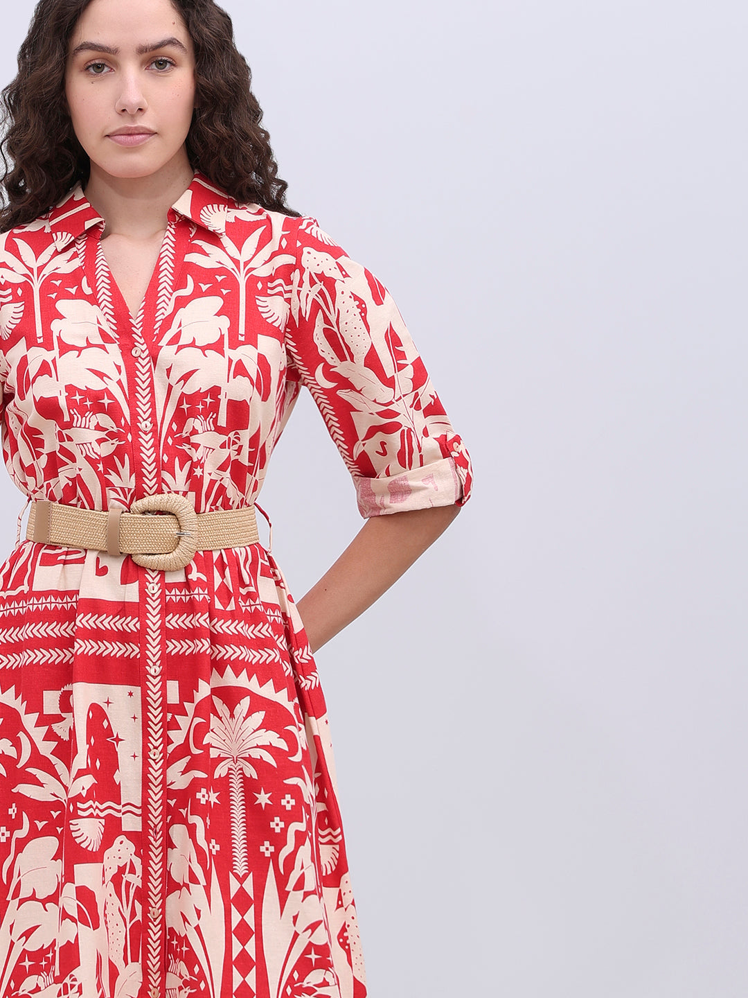 Ecru Printed Belted Shirt Dress