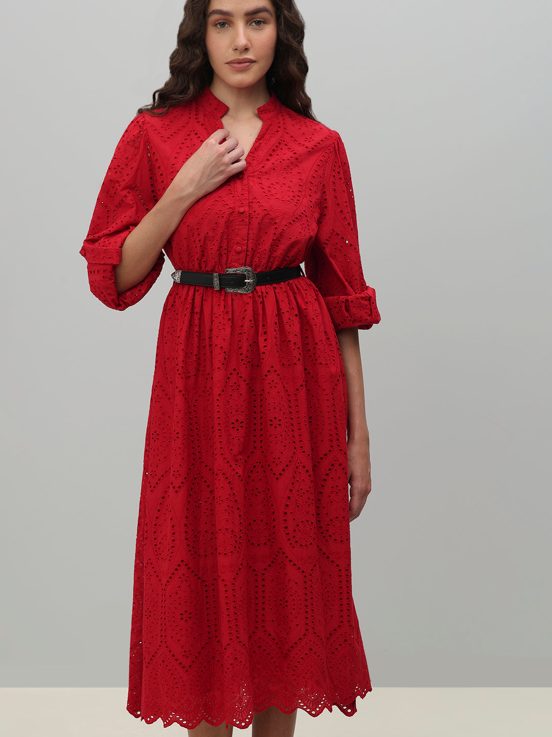 Red Broderie Anglaise Belted Midi Dress