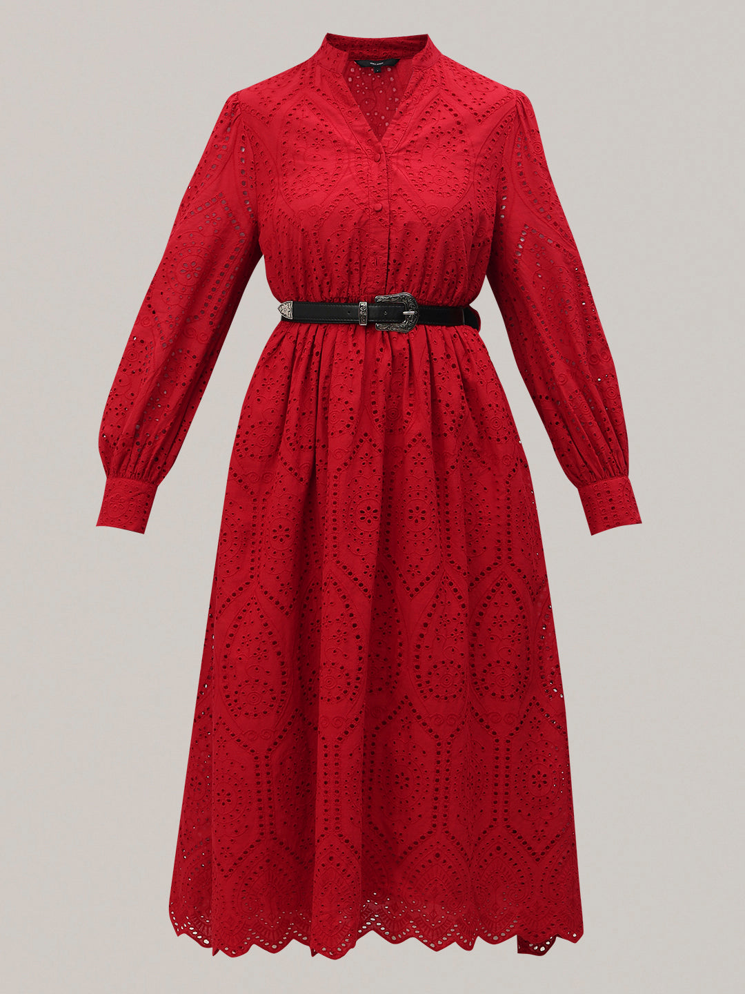 Red Broderie Anglaise Belted Midi Dress