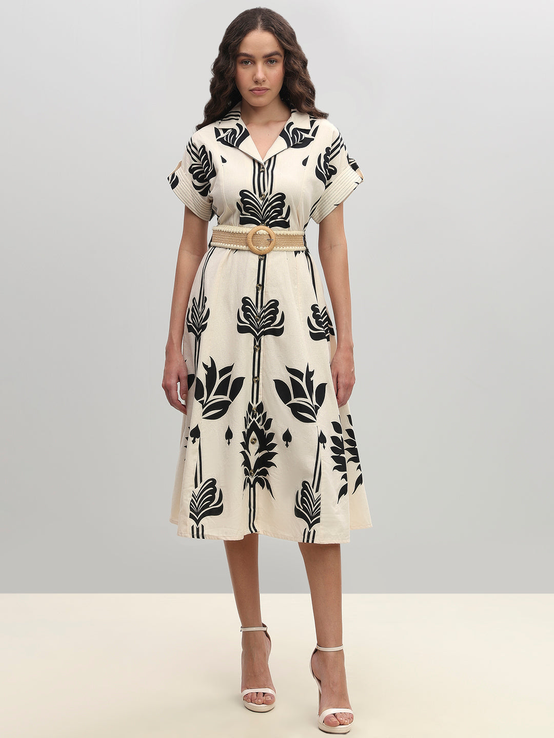 Ecru Printed Belted Shirt Dress