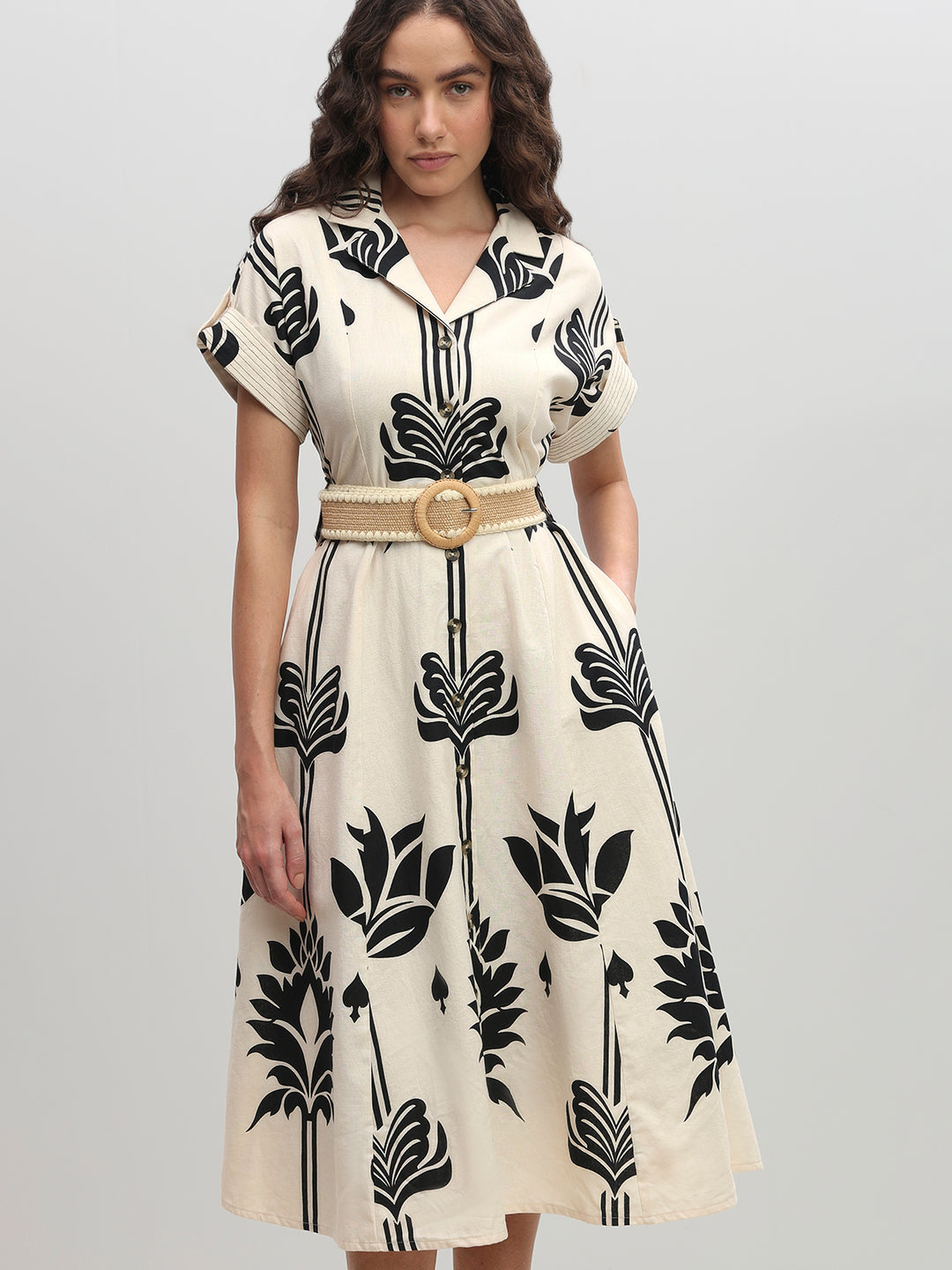 Ecru Printed Belted Shirt Dress