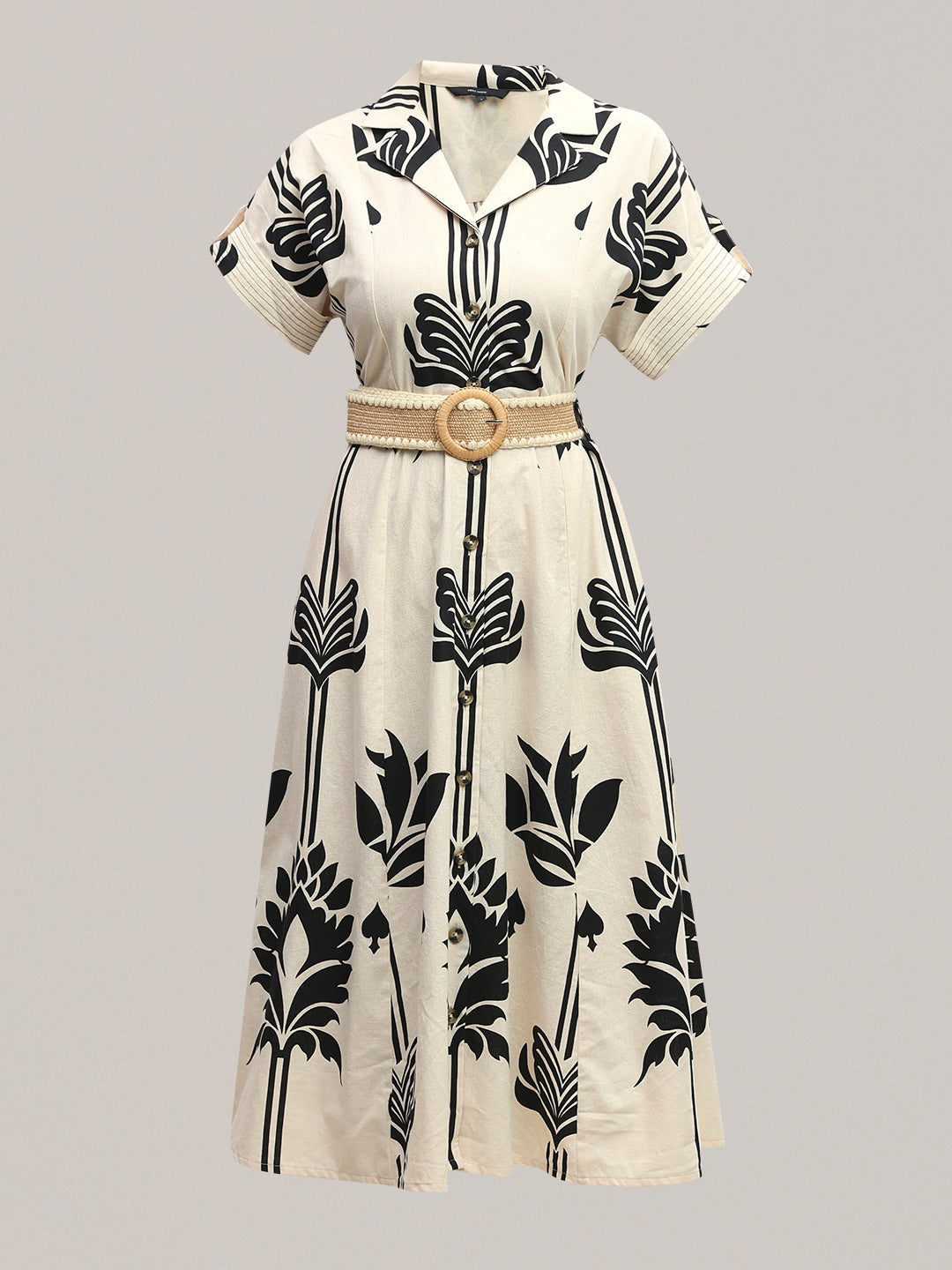 Ecru Printed Belted Shirt Dress