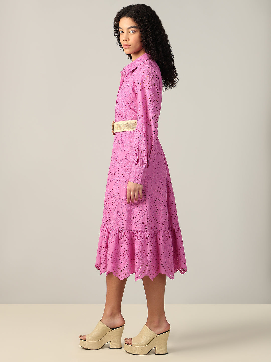 Embroidered Cotton Shirt Dress - Pink