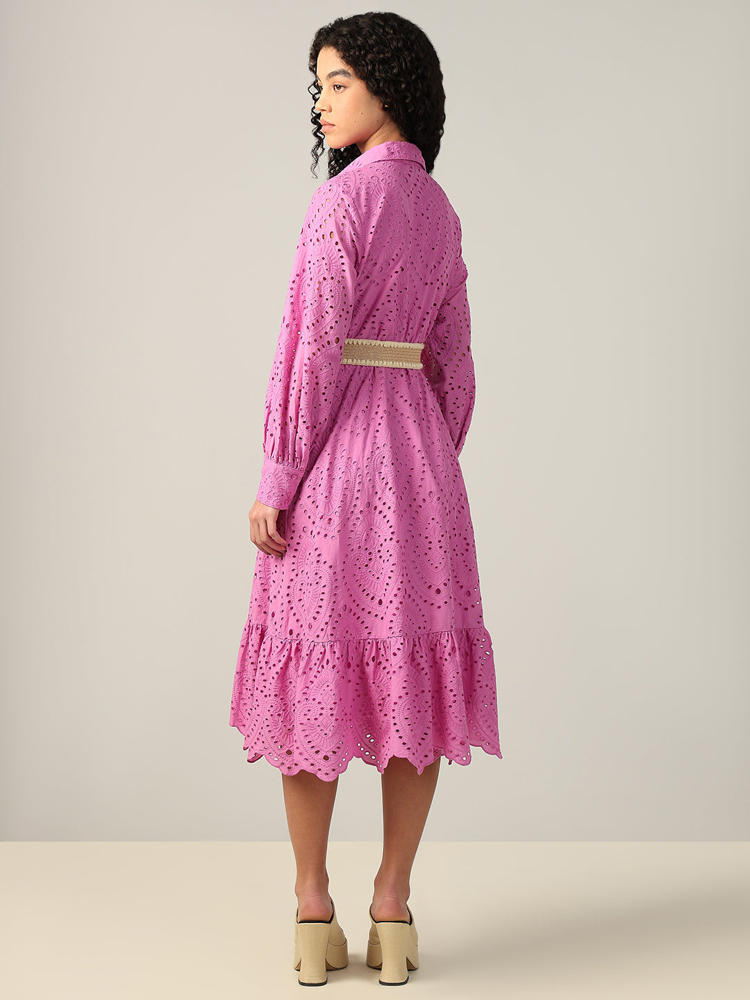 Embroidered Cotton Shirt Dress - Pink