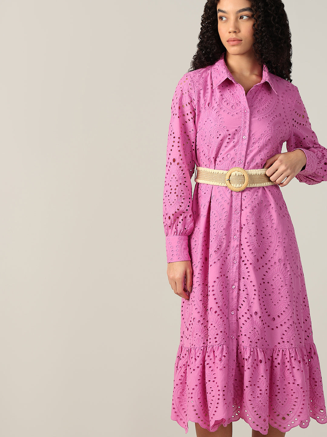 Embroidered Cotton Shirt Dress - Pink