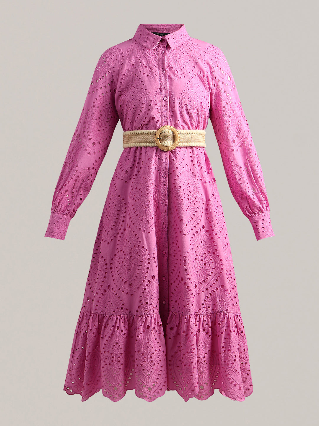 Embroidered Cotton Shirt Dress - Pink