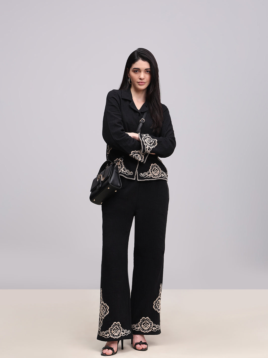 Black Embroidered Print Pants