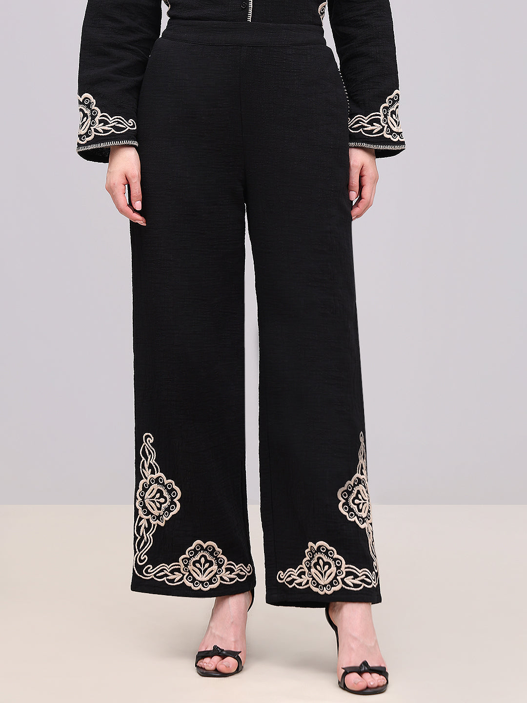 Black Embroidered Print Pants