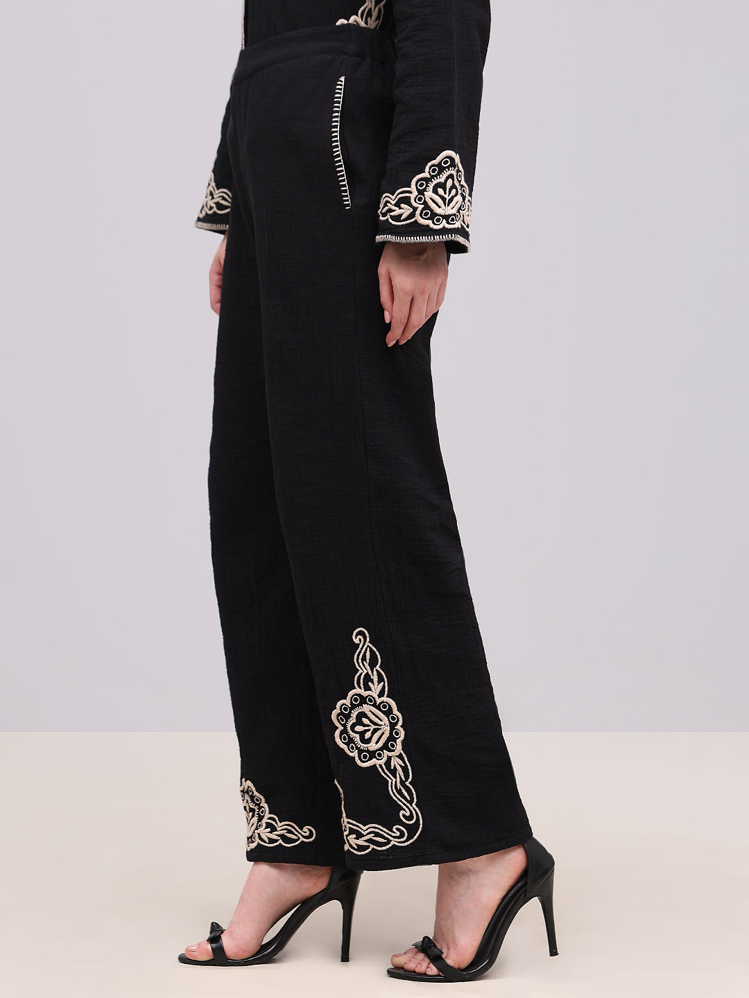 Black Embroidered Print Pants