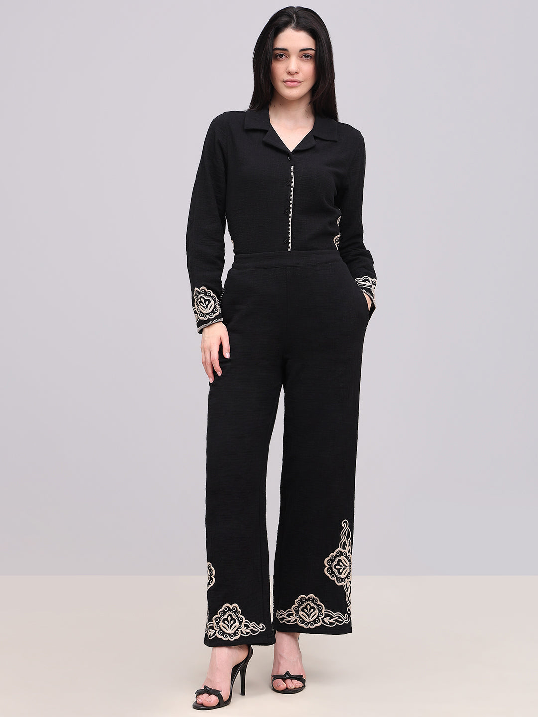 Black Embroidered Print Pants