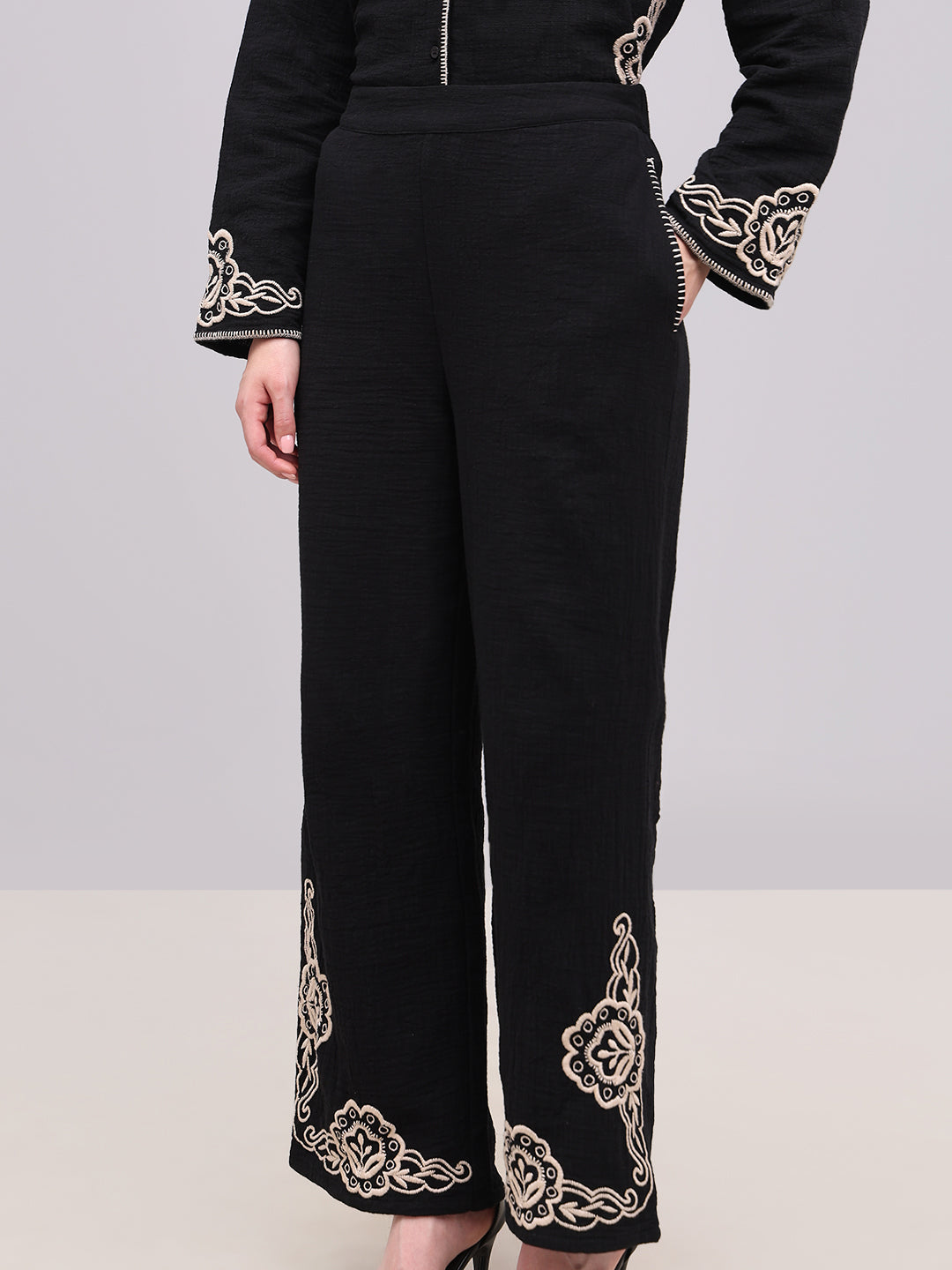Black Embroidered Print Pants