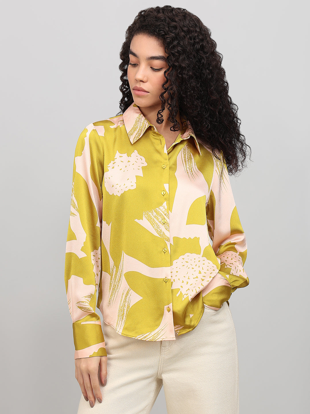 Lime Yellow Floral Print Shirt