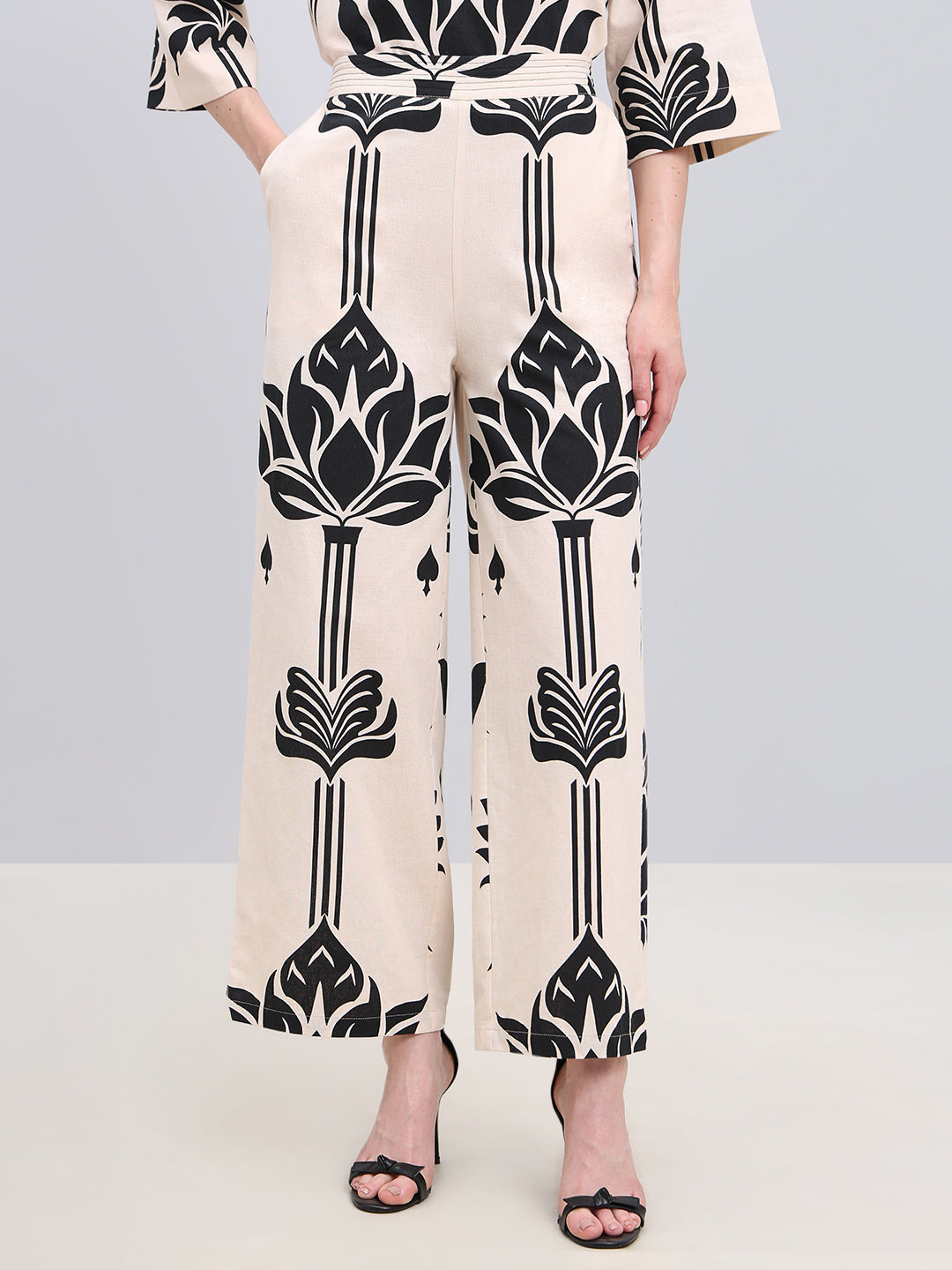 Ecru Printed High Rise Pants