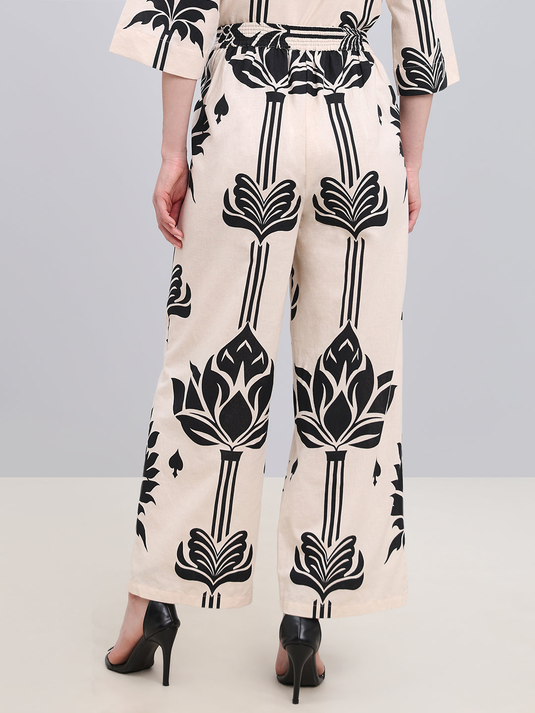 Ecru Printed High Rise Pants
