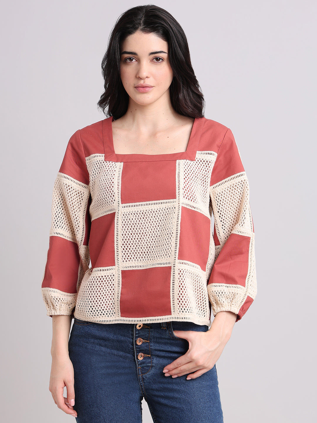 Colourblocked Crochet Detail Top