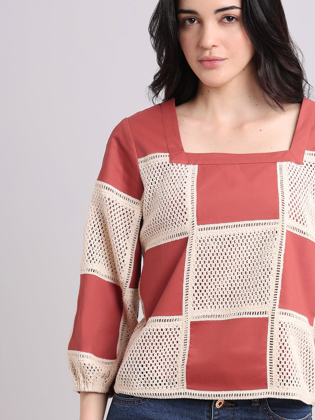 Colourblocked Crochet Detail Top