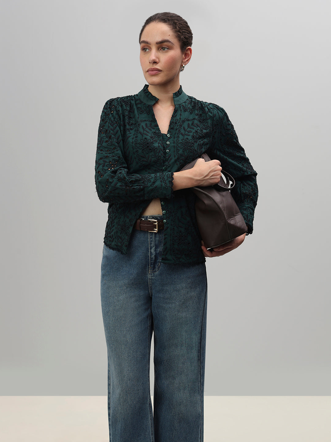 Dark Green Lace Cotton Shirt