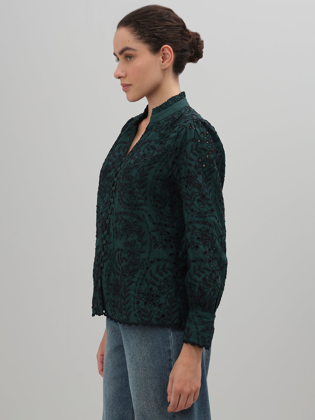 Dark Green Lace Cotton Shirt