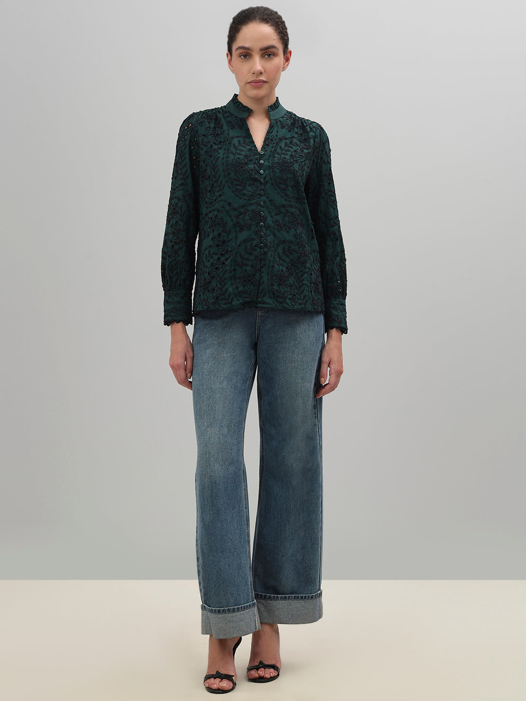 Dark Green Lace Cotton Shirt