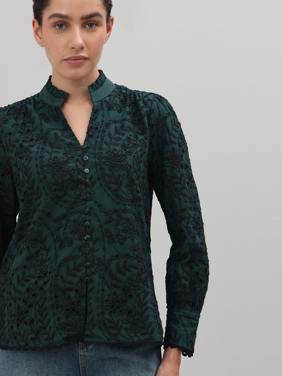 Dark Green Lace Cotton Shirt