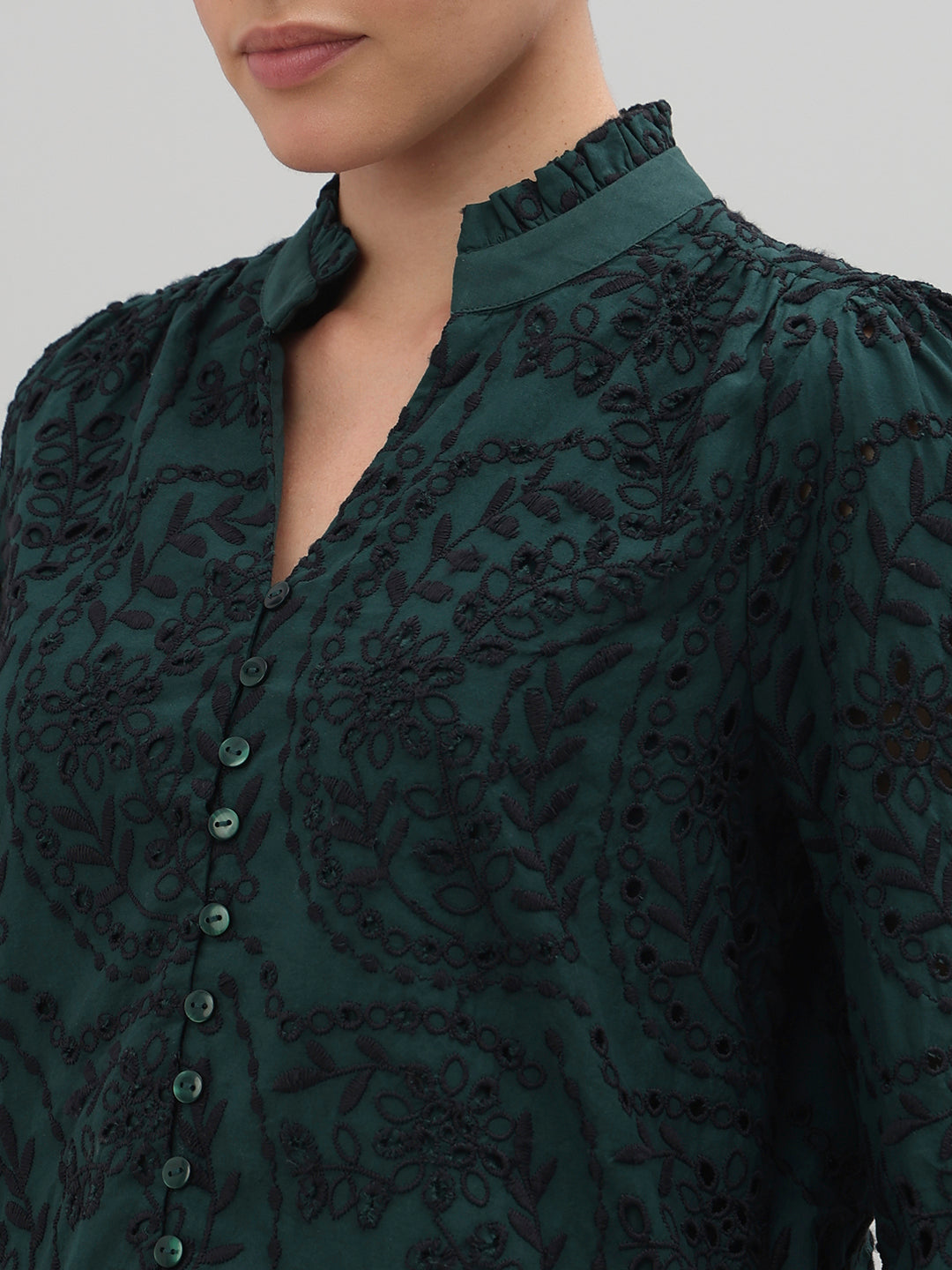 Dark Green Lace Cotton Shirt