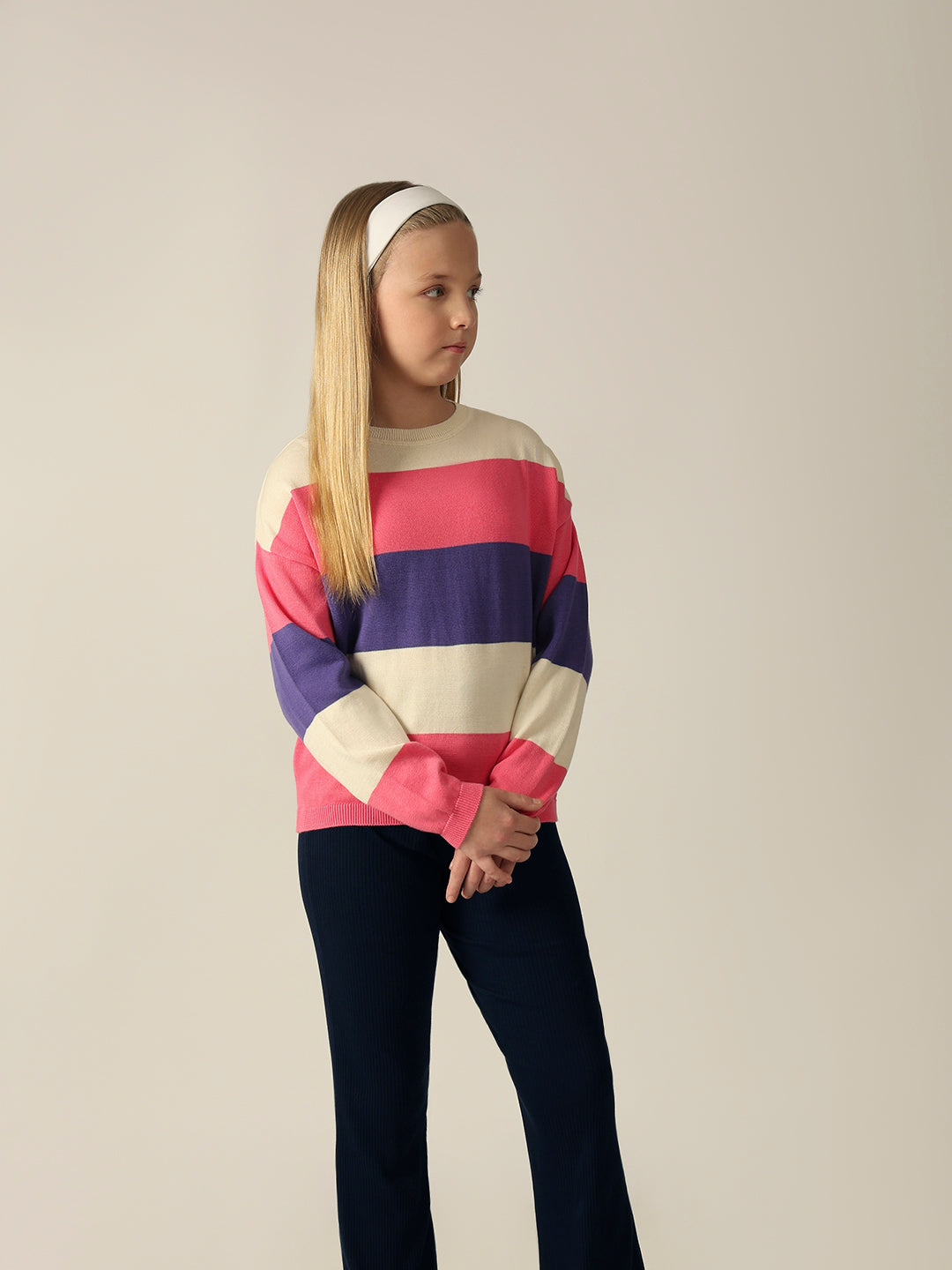 Girls Colourblocked Full Sleeves Sweater