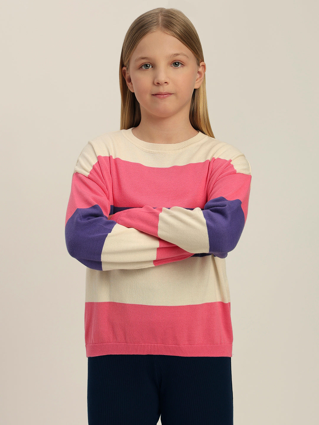 Girls Colourblocked Full Sleeves Sweater