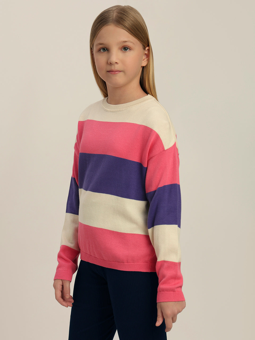 Girls Colourblocked Full Sleeves Sweater