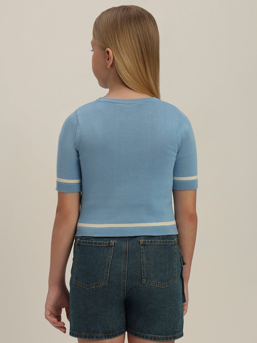 Girls Blue Short Sleeves Knit Top