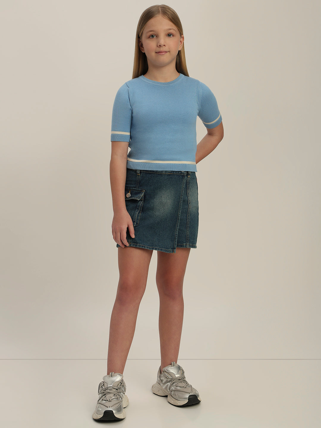Girls Blue Short Sleeves Knit Top