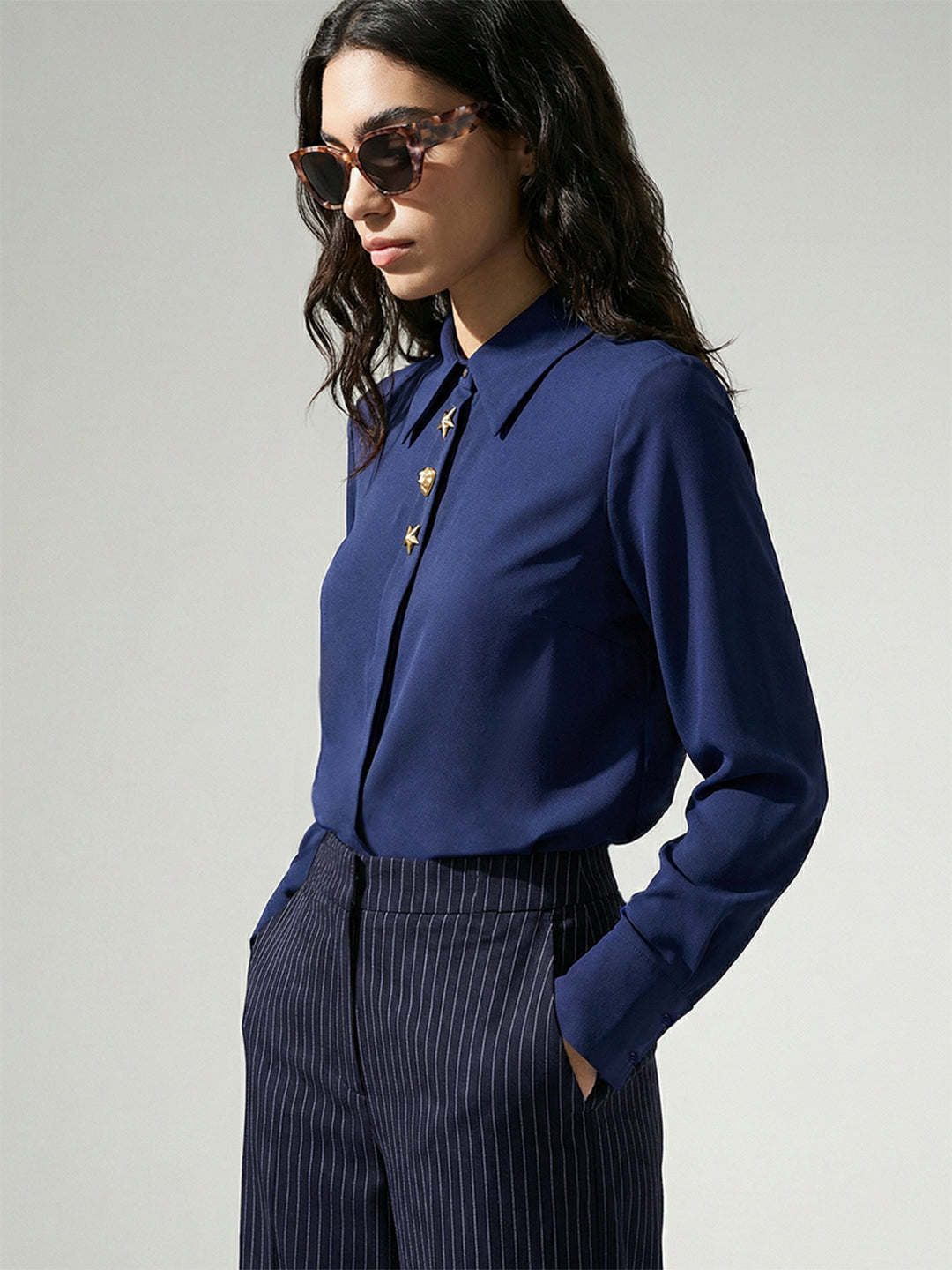 Dark Blue Shell Button Detail Shirt