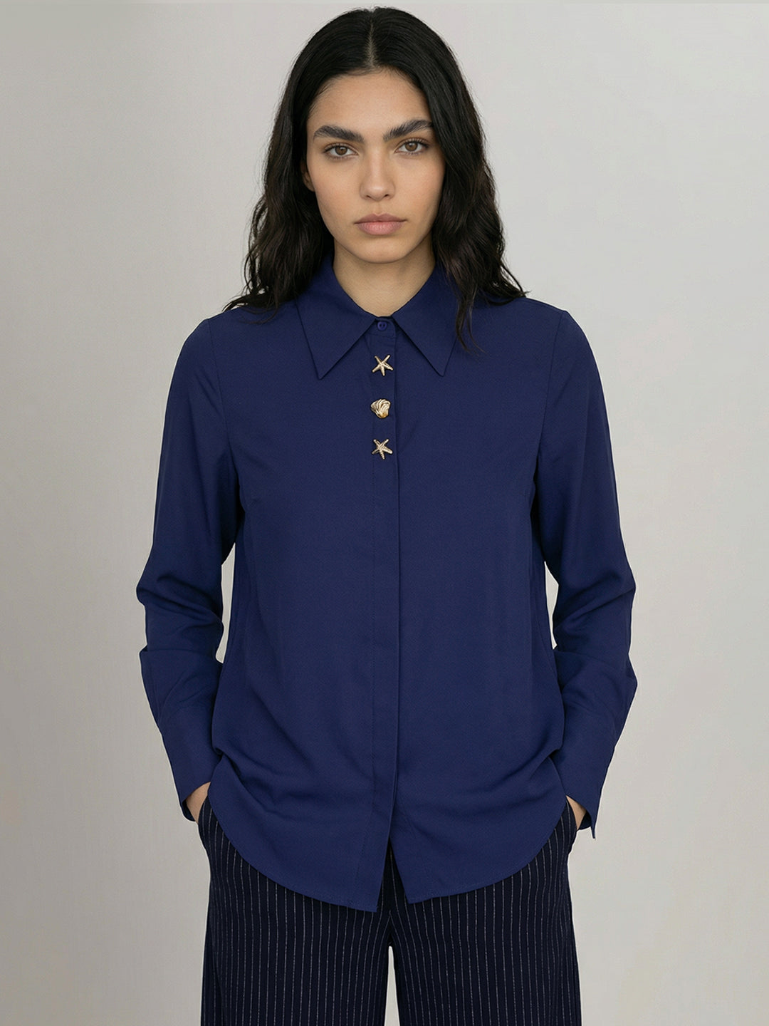 Dark Blue Shell Button Detail Shirt