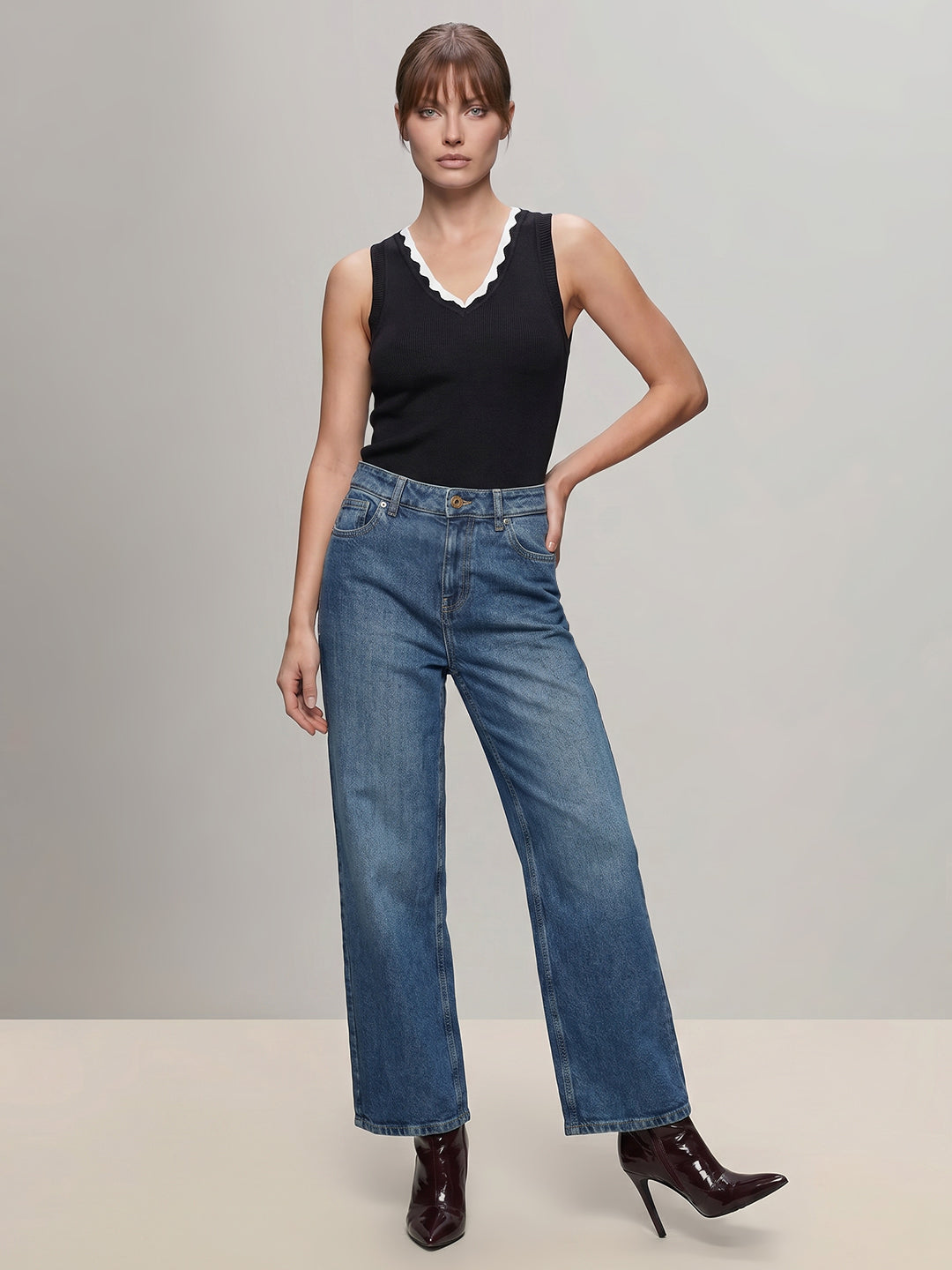 Blue Mid Rise Wide Leg Jeans