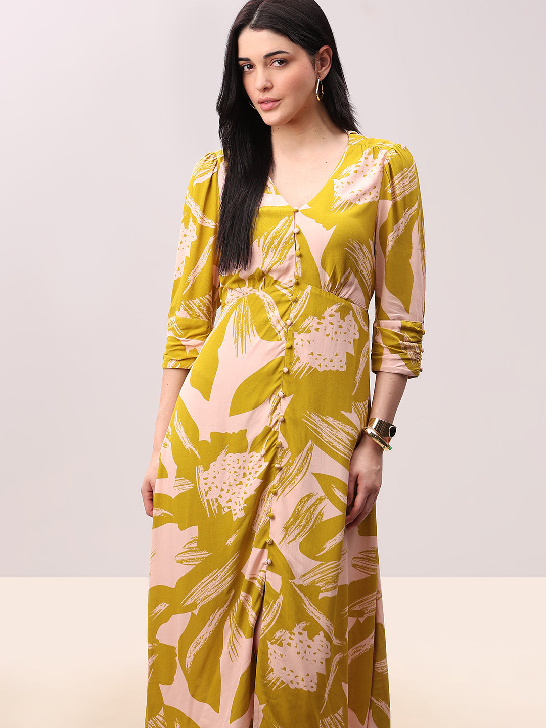 Abstract Print V-Neck Midi Dress