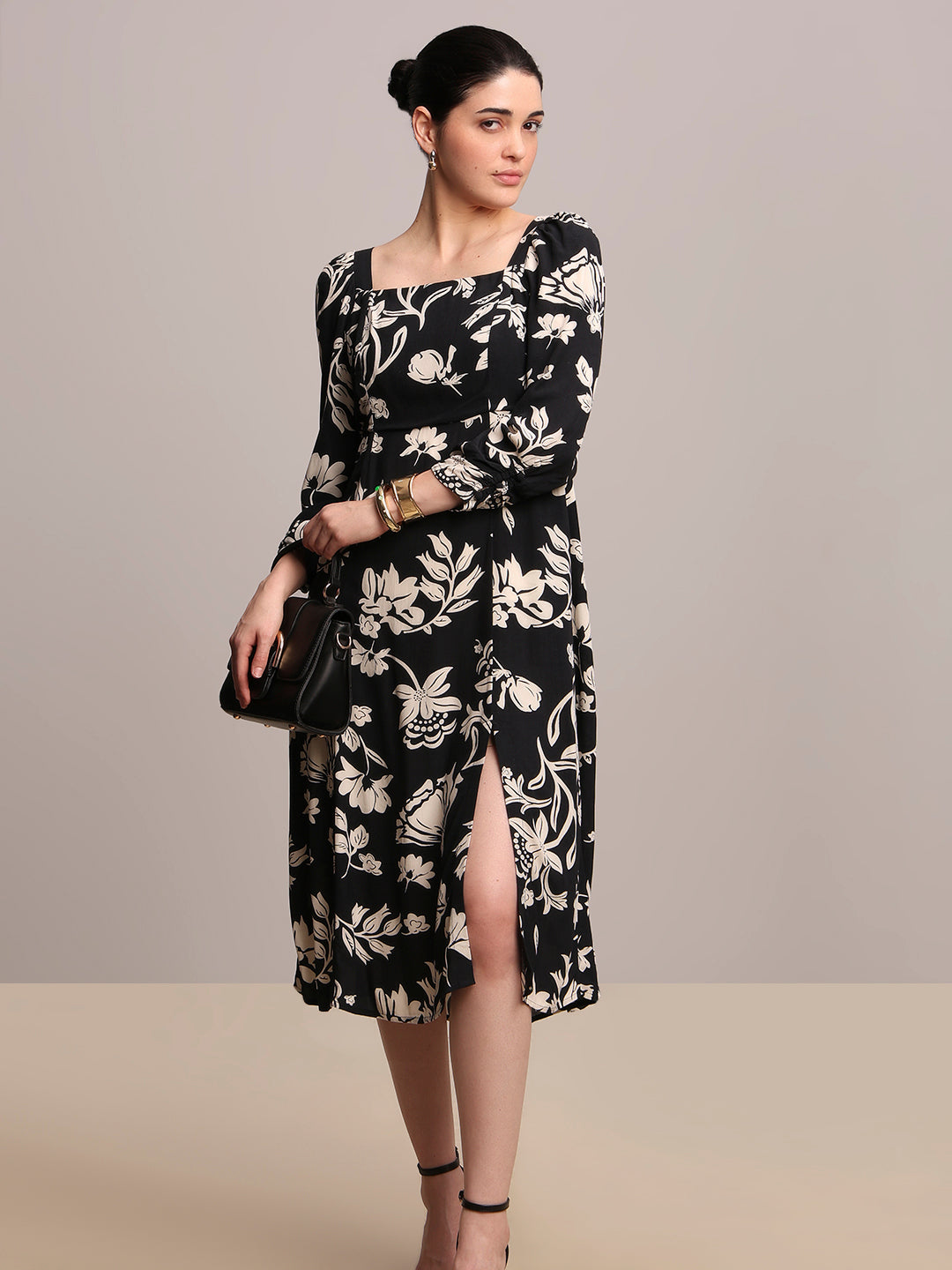 Black Printed Viscose Midi Dress