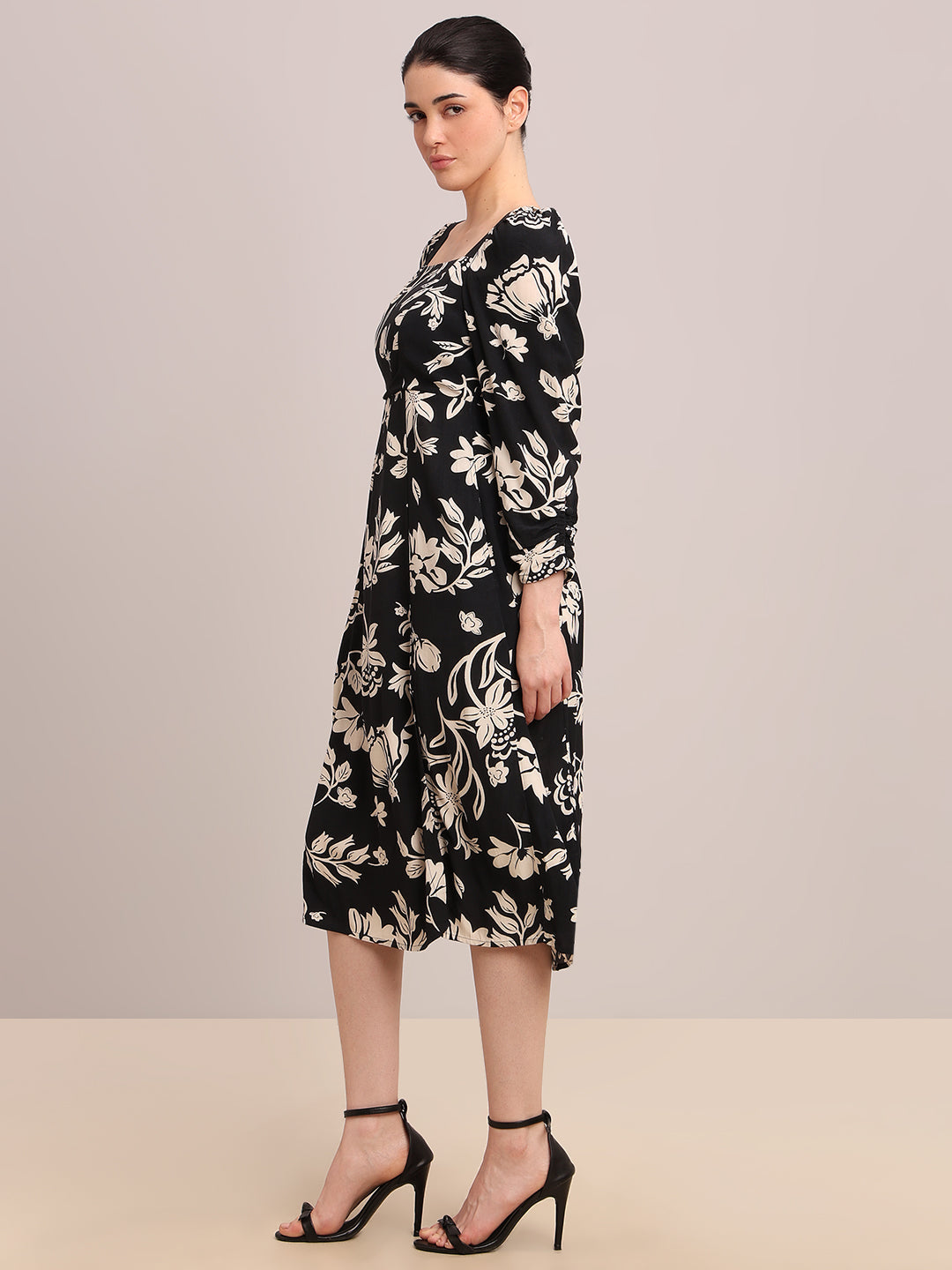 Black Printed Viscose Midi Dress