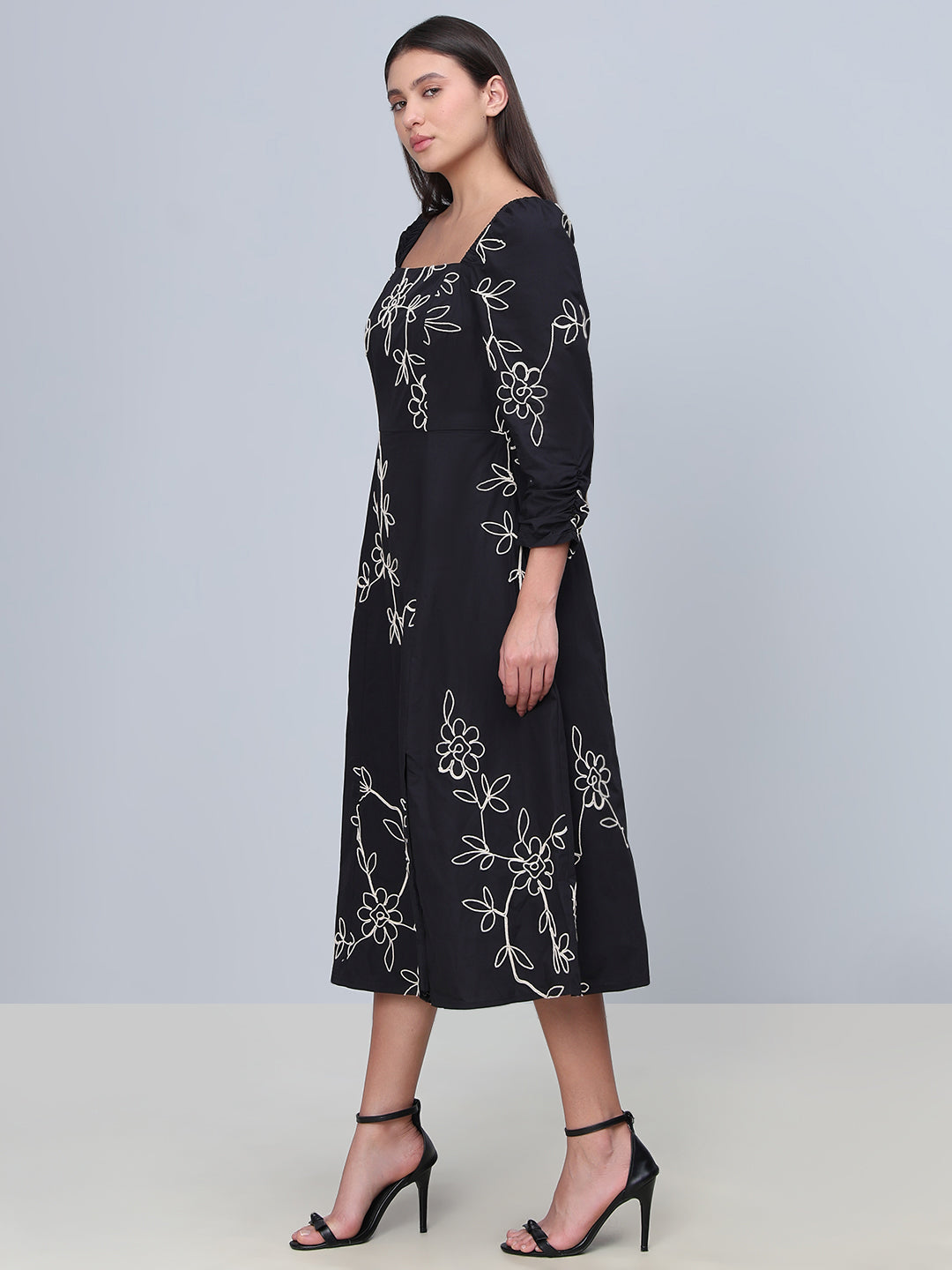 Black Embroidered Cotton Midi Dress
