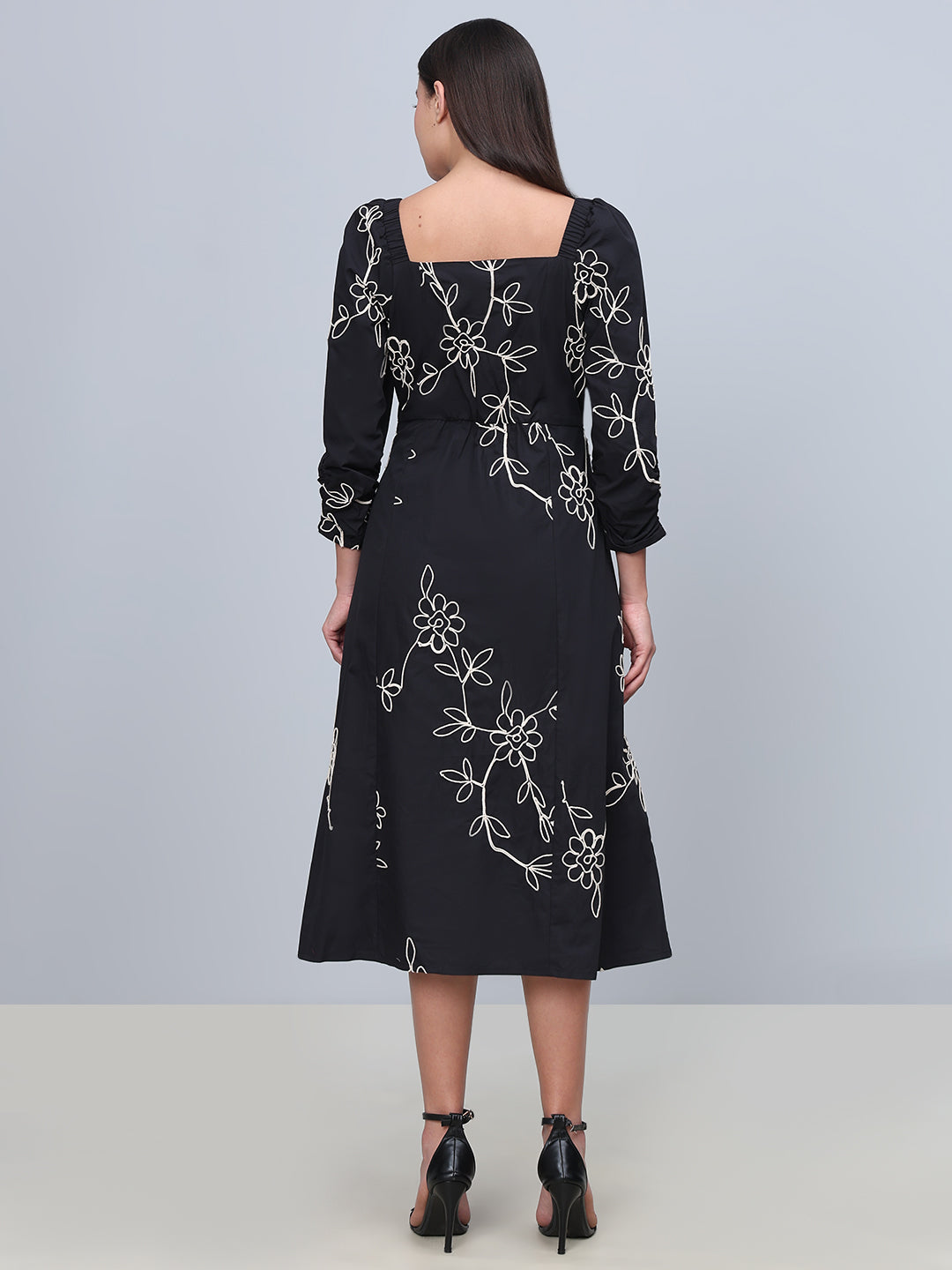 Black Embroidered Cotton Midi Dress