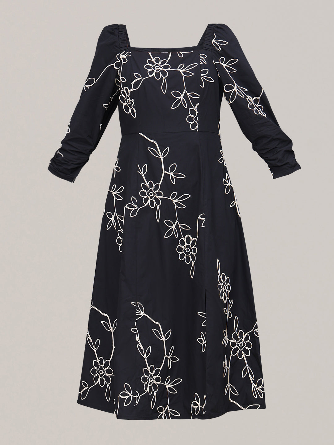Black Embroidered Cotton Midi Dress