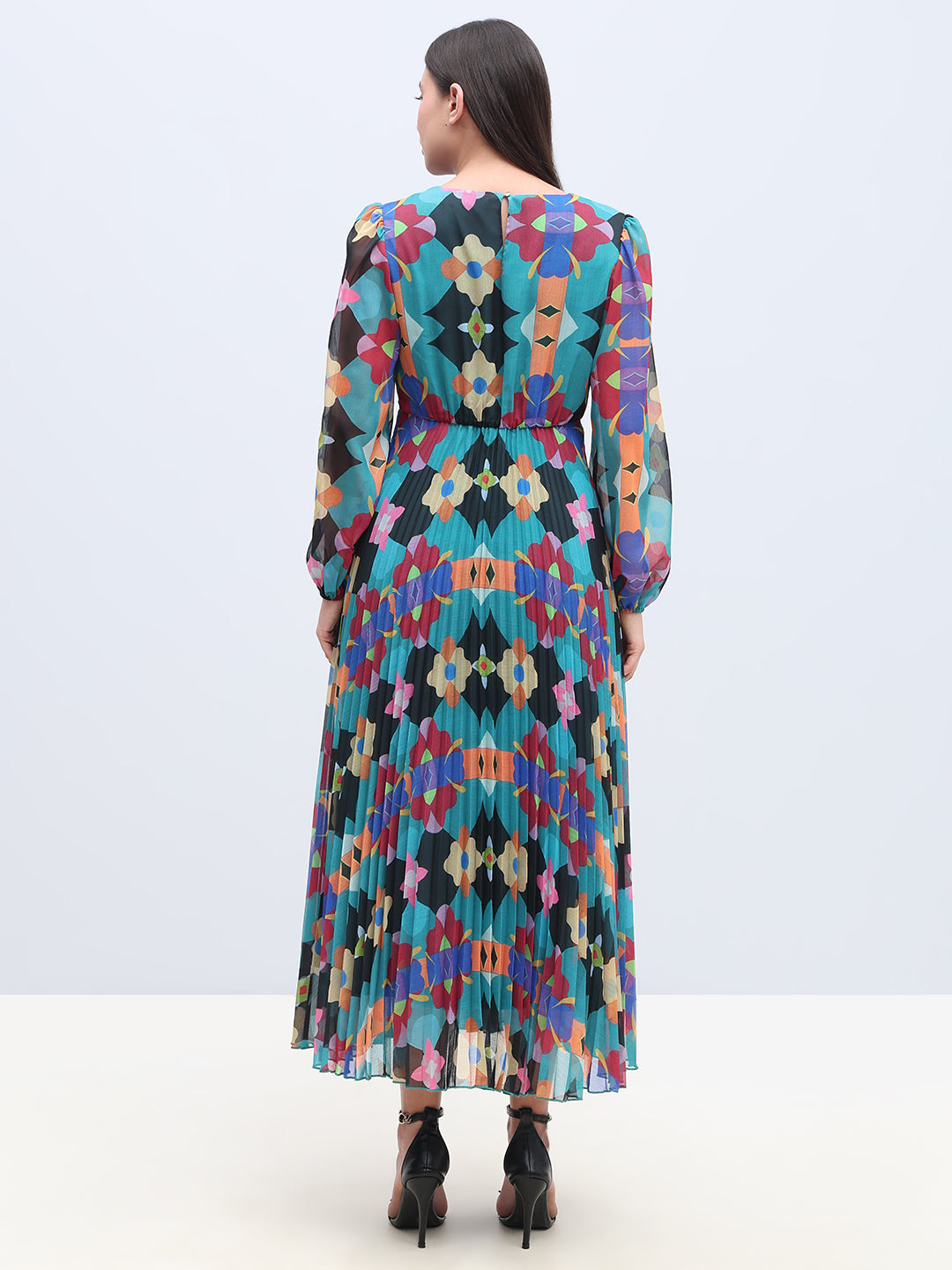 Multi-Colour Printed Pleated Dress