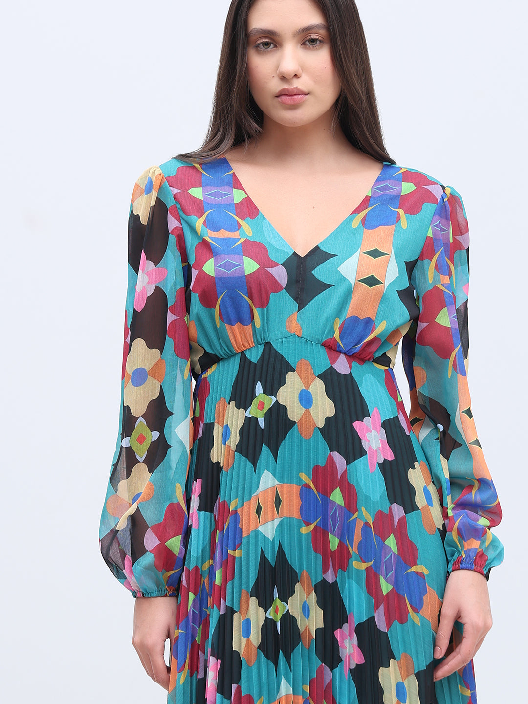 Multi-Colour Printed Pleated Dress