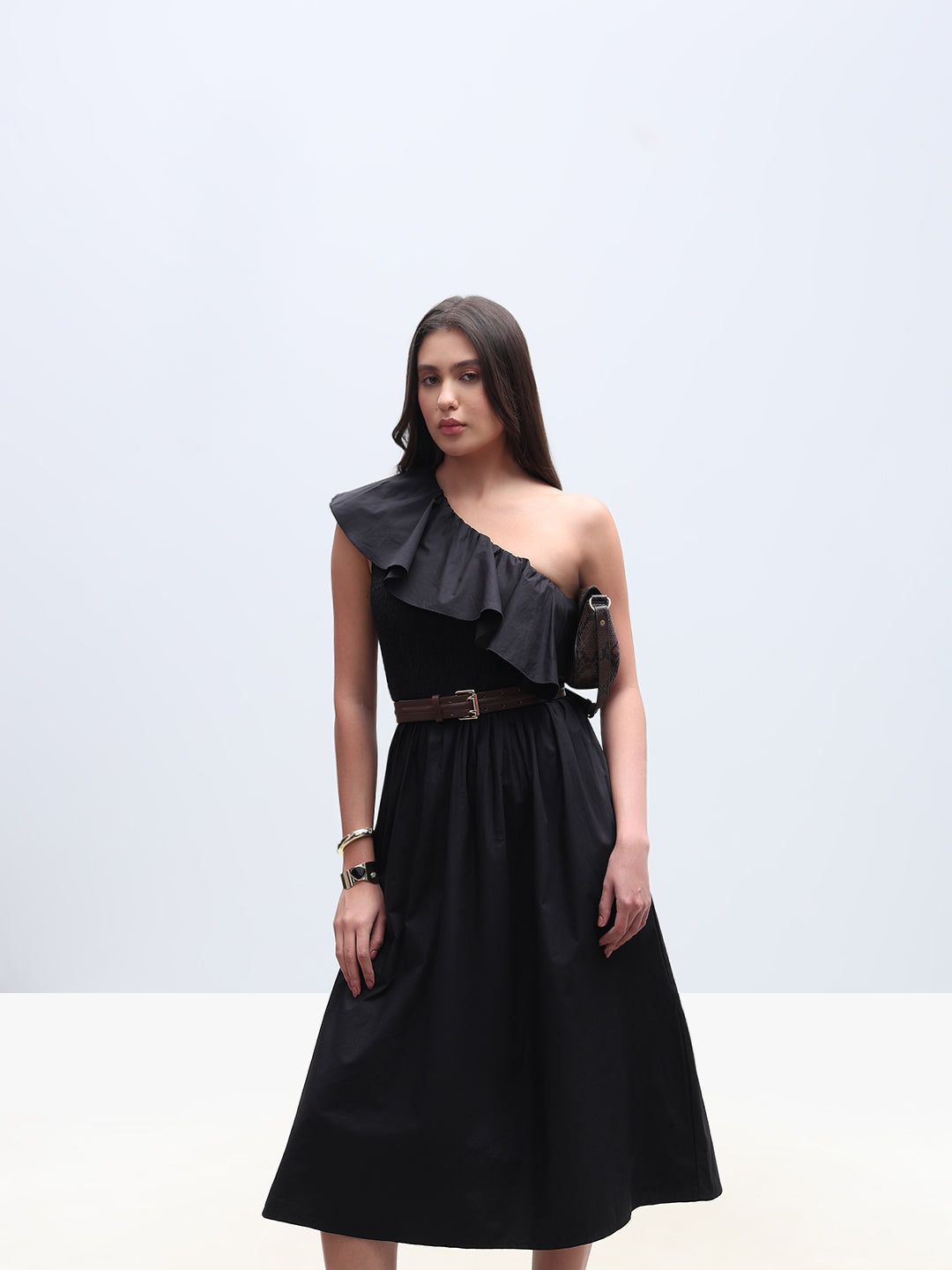 Black Smocked One Shoulder Dress