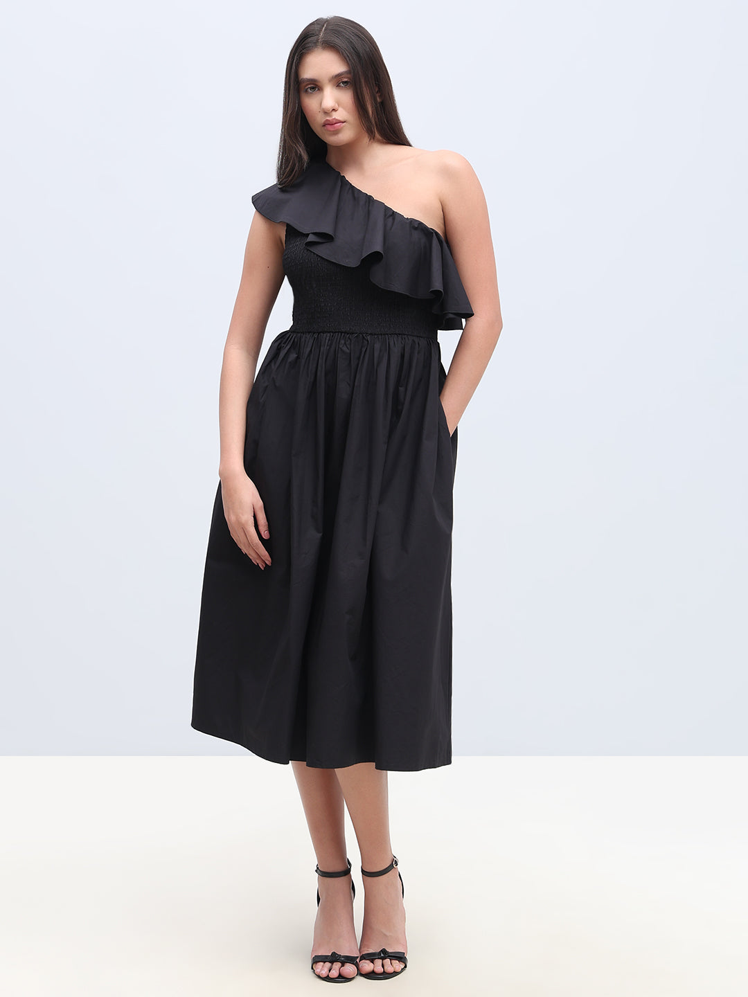 Black Smocked One Shoulder Dress