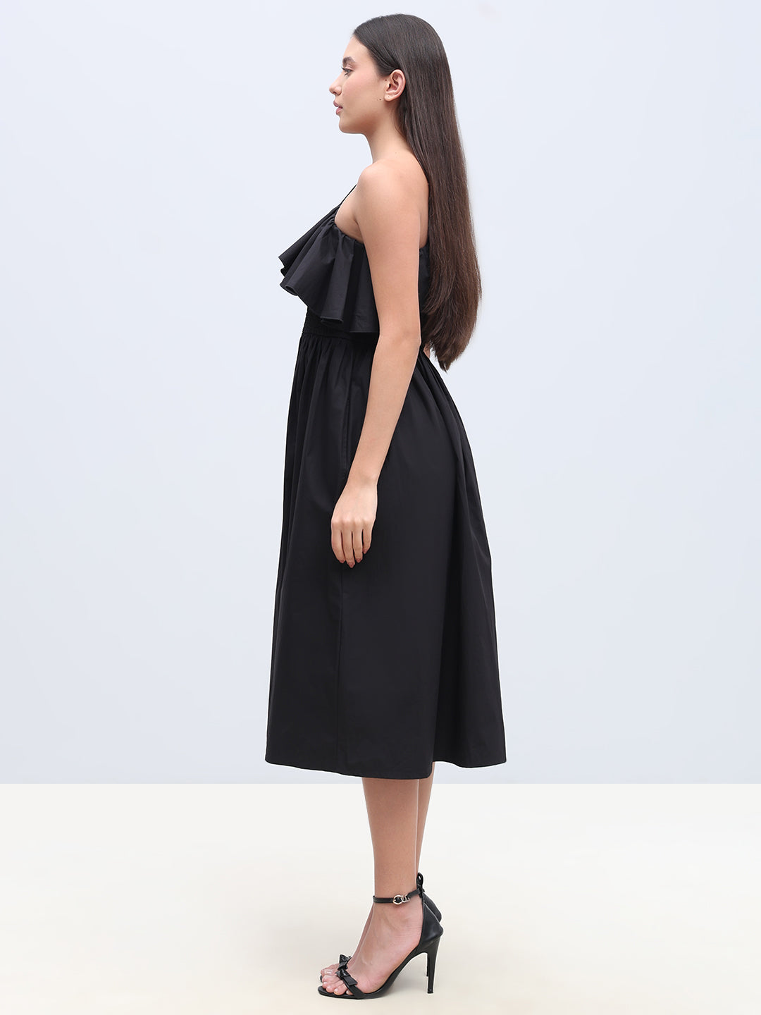 Black Smocked One Shoulder Dress