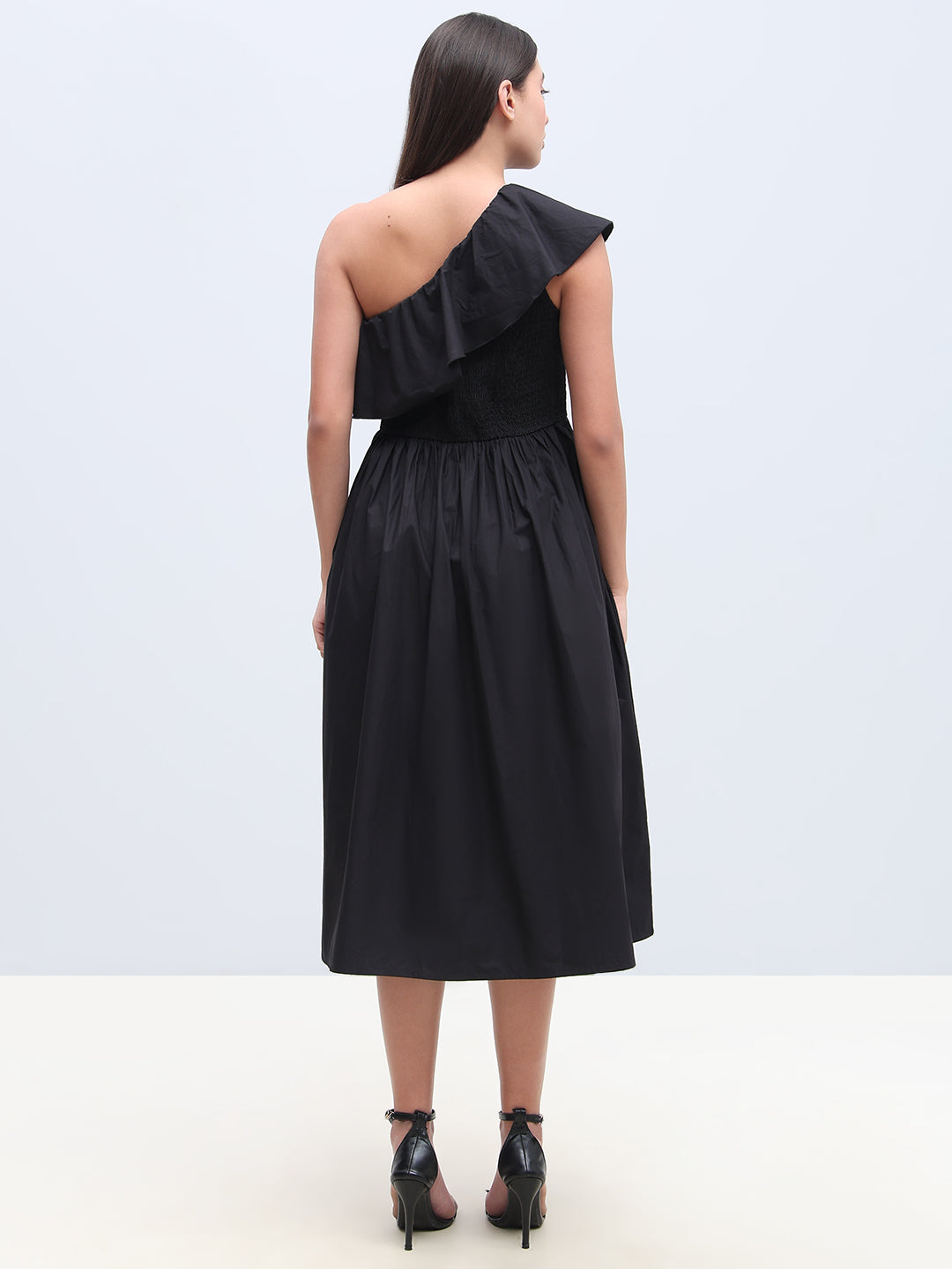 Black Smocked One Shoulder Dress