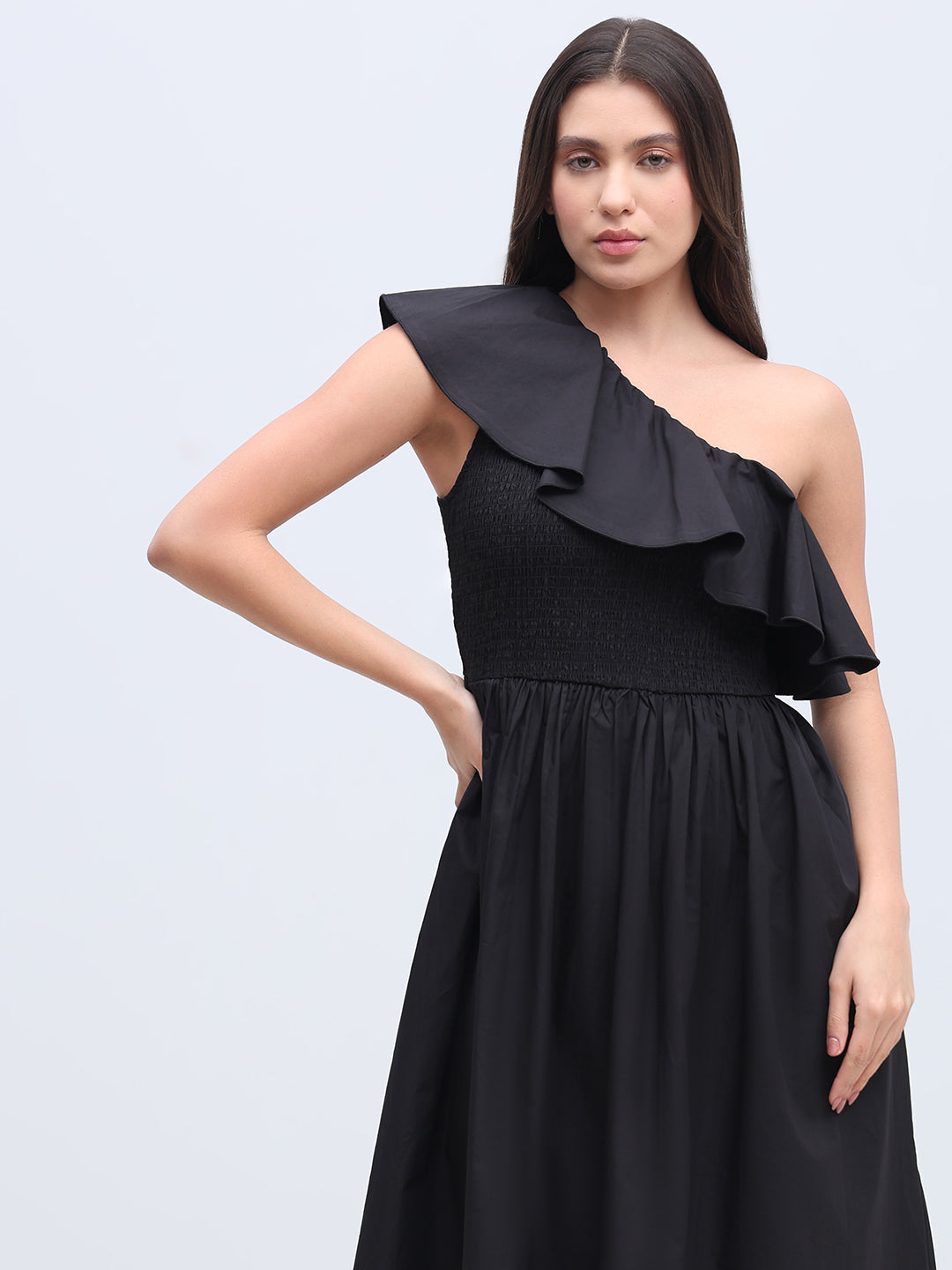 Black Smocked One Shoulder Dress