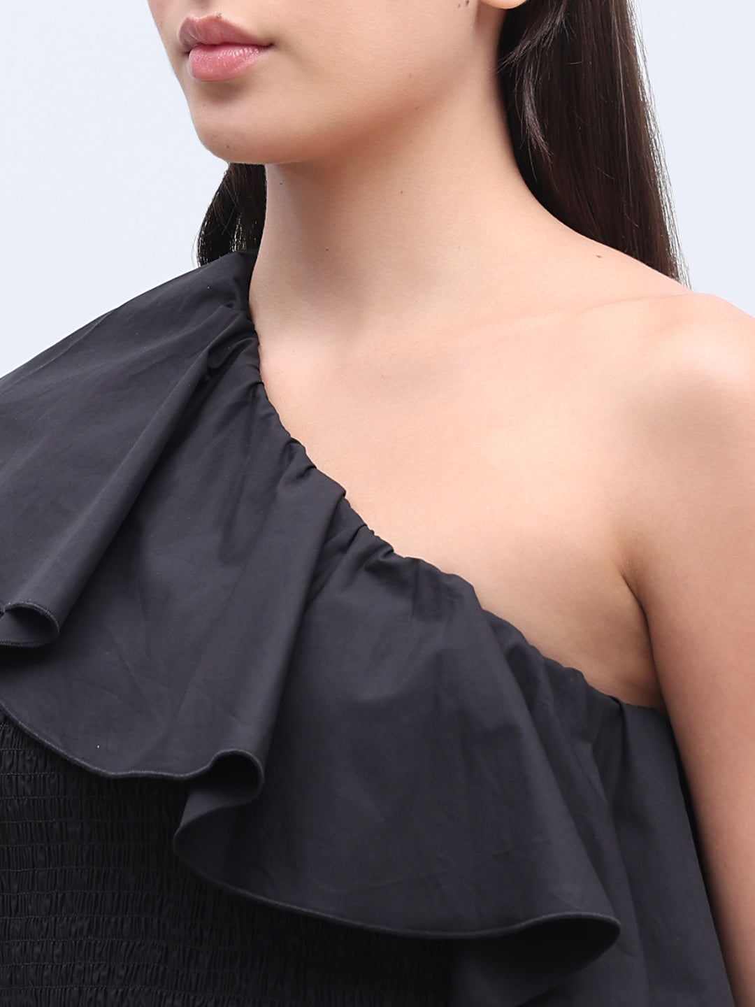 Black Smocked One Shoulder Dress